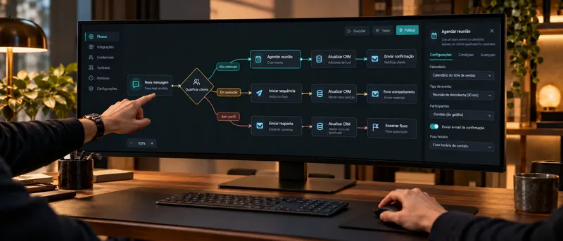 Pessoa apontando para um fluxo de automação no monitor